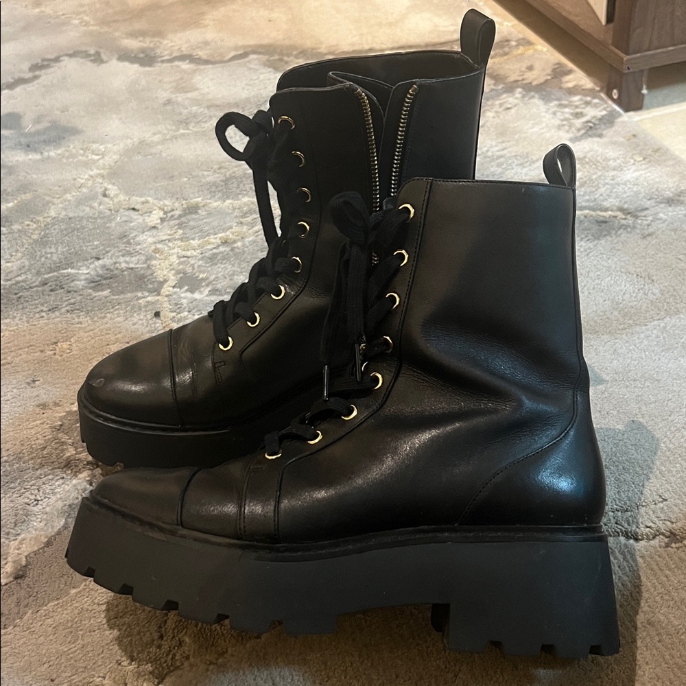 Michael Kors Black Leather  Combat Boots with Gold Accents - Picture 2 of 9